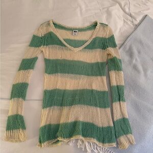 Green and Cream Striped Knit Sweater
